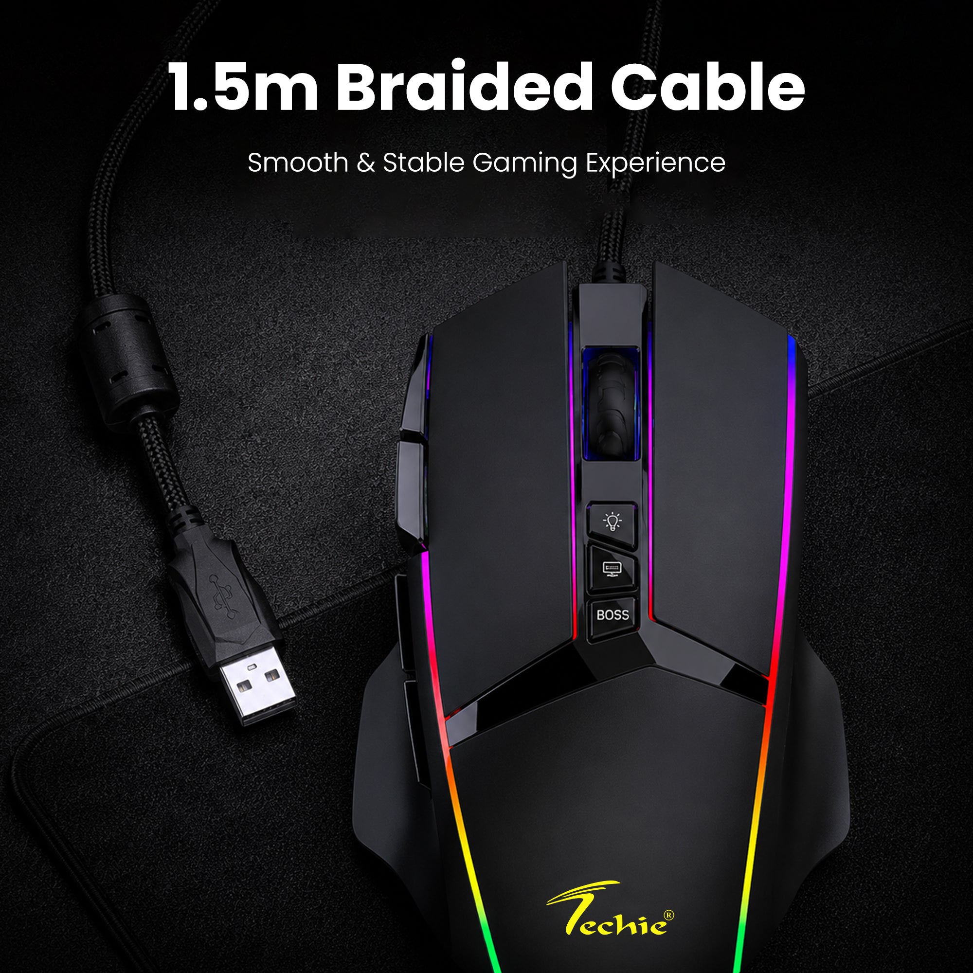 Techie Apex RGB Gaming Mouse | 11 Programmable Buttons | DPI up to 12800 | 1.5m Braided Cable