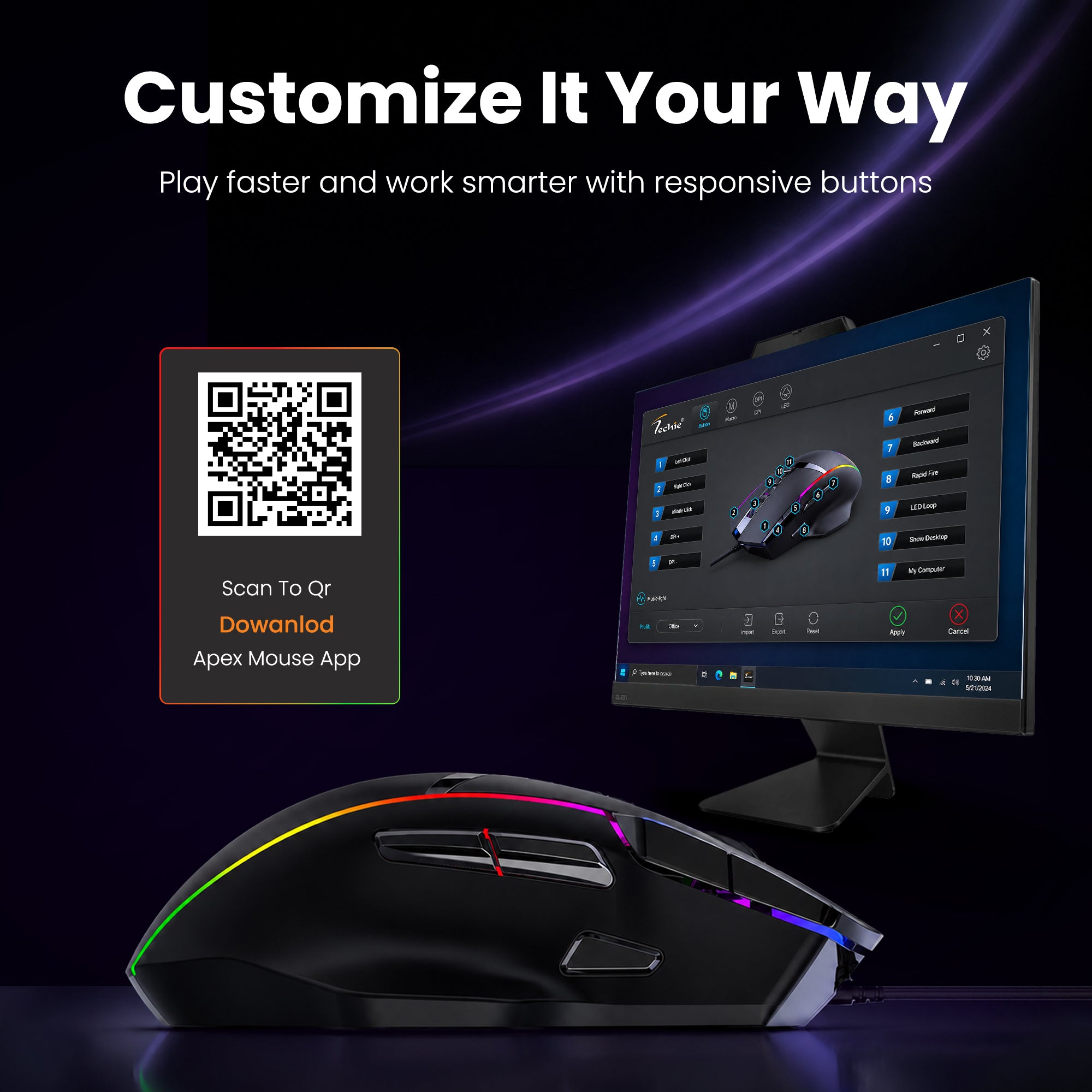 Techie Apex RGB Gaming Mouse | 11 Programmable Buttons | DPI up to 12800 | 1.5m Braided Cable