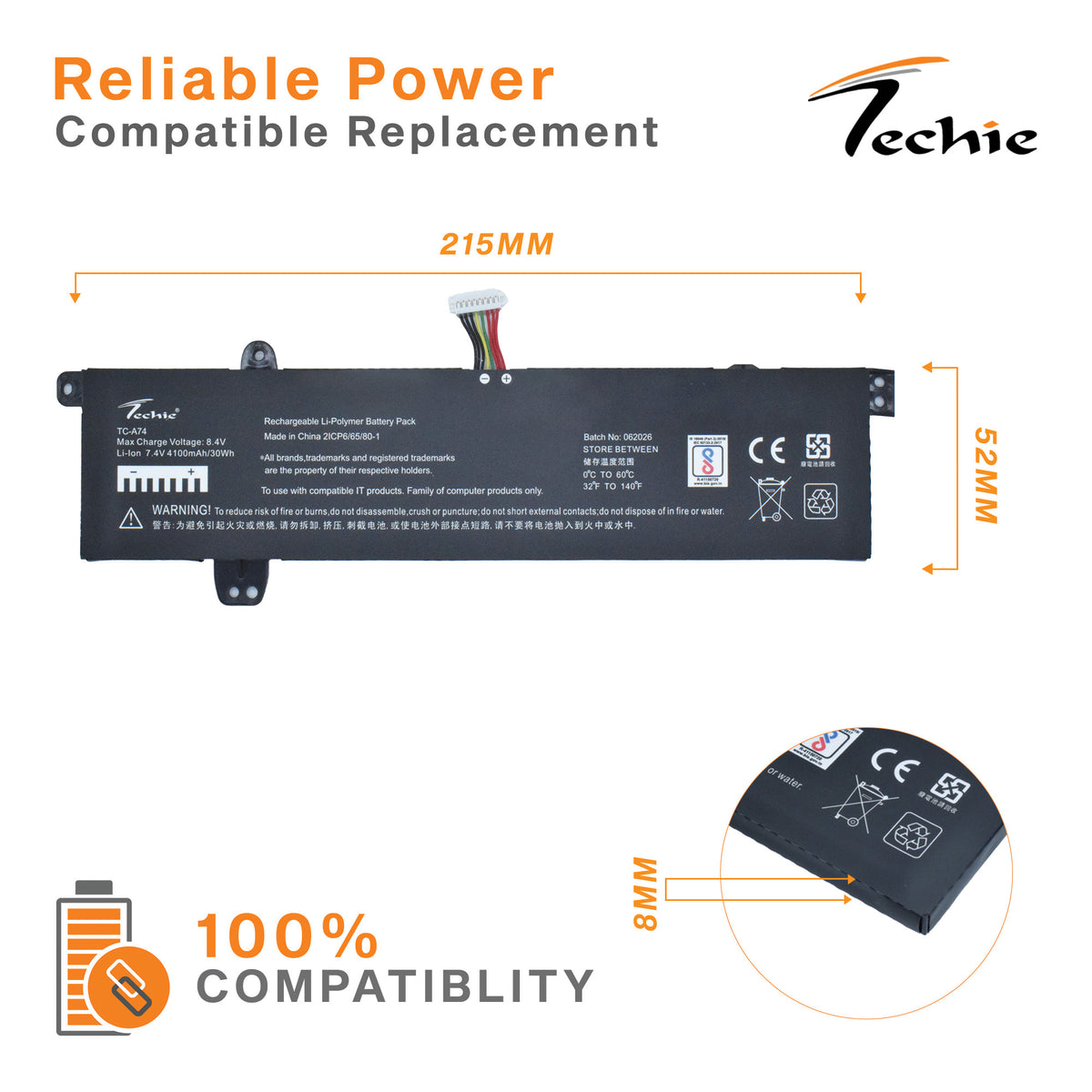Techie Battery for Asus C21N1618, VivoBook X402BP, R417BA, L402BP, E402BA, L402BA, F402BA, R417BP Series Laptops (4100mAh, 2-Cell)