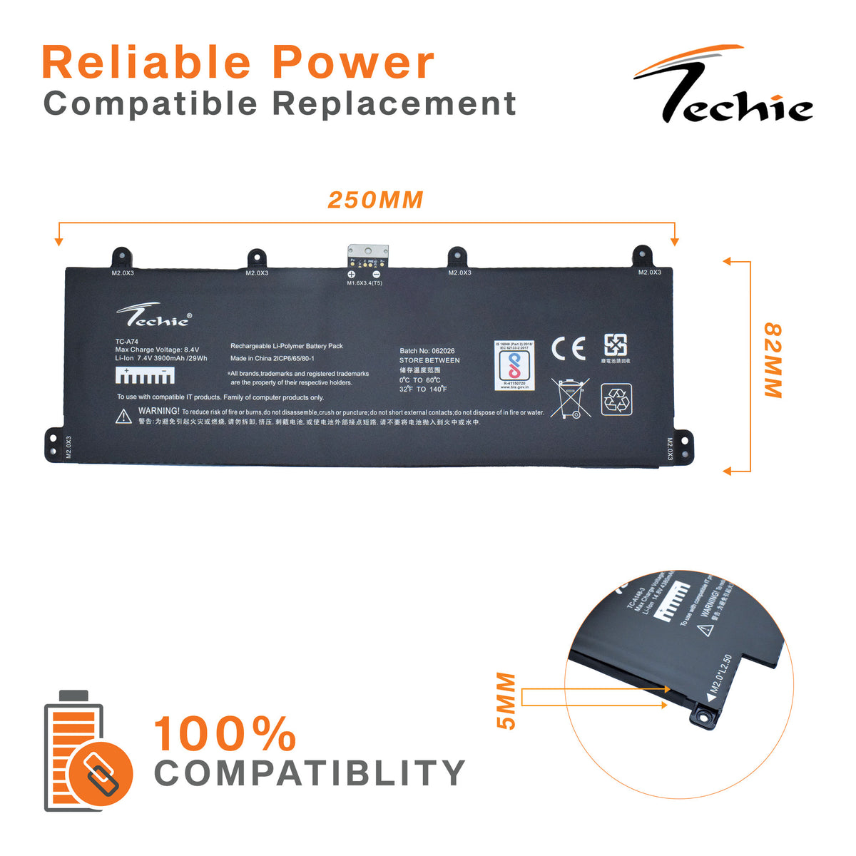 Techie Compatible Battery for Dell 2VKW9– Dell Inspiron 14 3420, Latitude 13 7320 Series Laptops (3900mAh, 2-Cell)