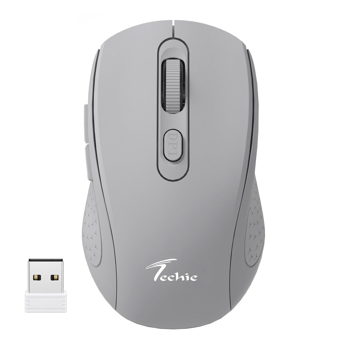 A light gray wireless computer mouse with a small white USB receiver, shown on a plain white background. The mouse features the Techie brand logo printed near the bottom.