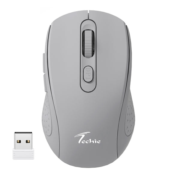 A light gray wireless computer mouse with a small white USB receiver, shown on a plain white background. The mouse features the Techie brand logo printed near the bottom.
