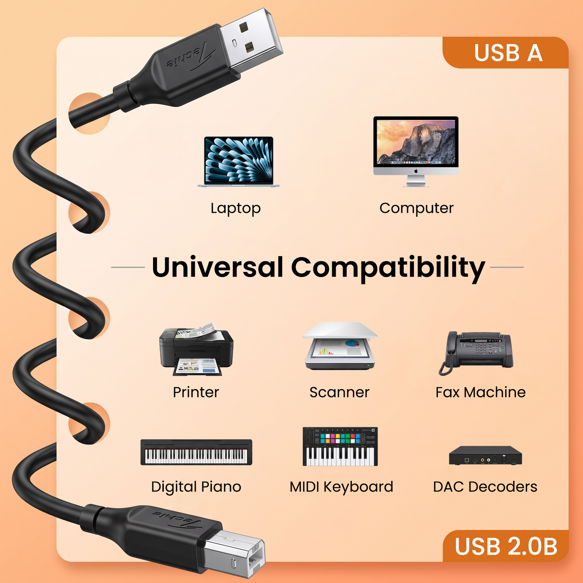 Techie USB-A to USB-B Printer Cable