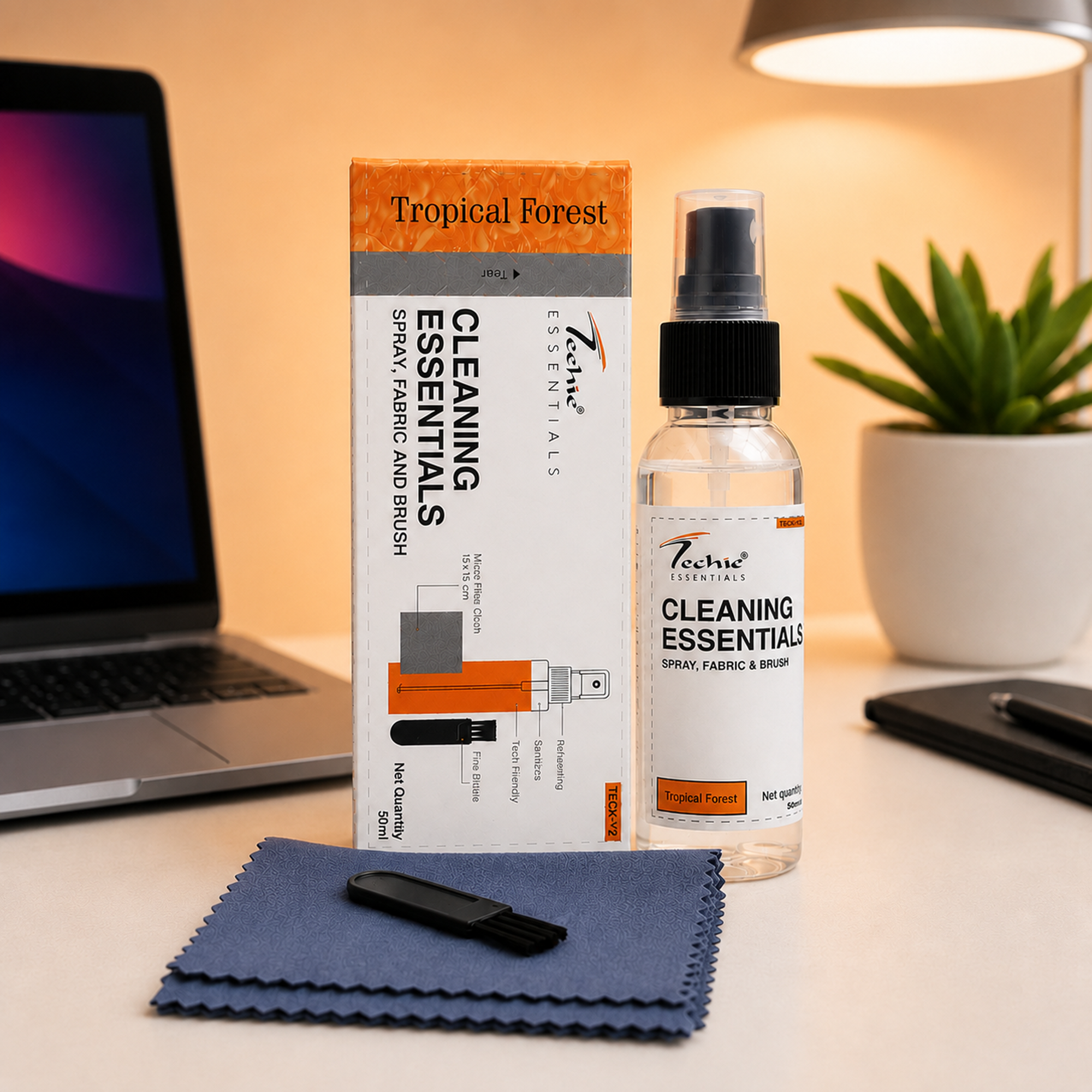Techie Essentials Tropical Forest 3-in-1 Screen Cleaner Spray Kit with Microfiber Cloth & Brush – 50ml