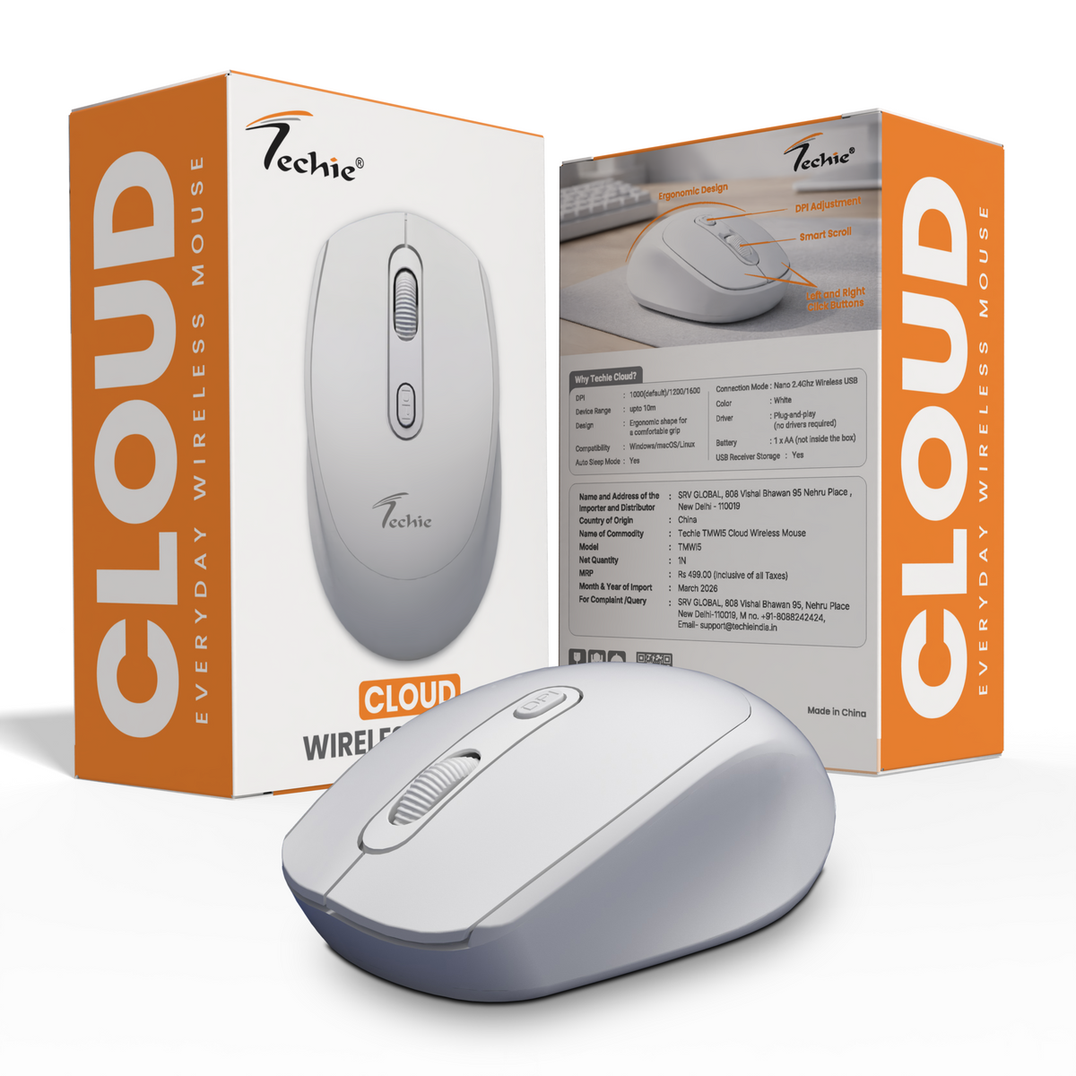 Techie Cloud White Wireless Mouse | 2.4GHz Nano USB | Adjustable DPI 1000–1600 | Ergonomic