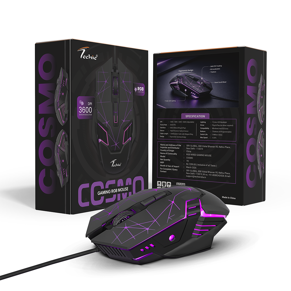 Techie Cosmo Wired RGB Gaming Mouse | 7-Color LED | Adjustable DPI 1200–3600 | 1.5m Braided Cable