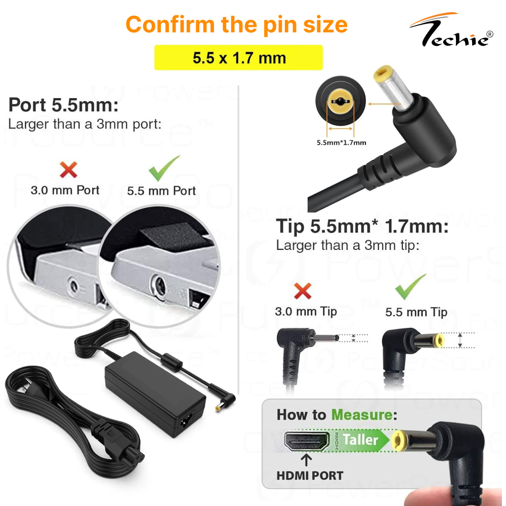 Techie 45W Laptop Charger for Acer Aspire 3 A315, A317, Aspire V3, Extensa EX215, Travelmate P259 Series (19V, 2.37A) 5.5*1.7MM Pin