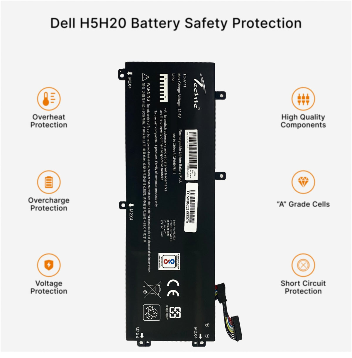 Techie Compatible Battery for Dell H5H20 - Precision 5510, XPS15 9560, 5D91C, P56F001 Laptops (4800mAh, 3-Cell)