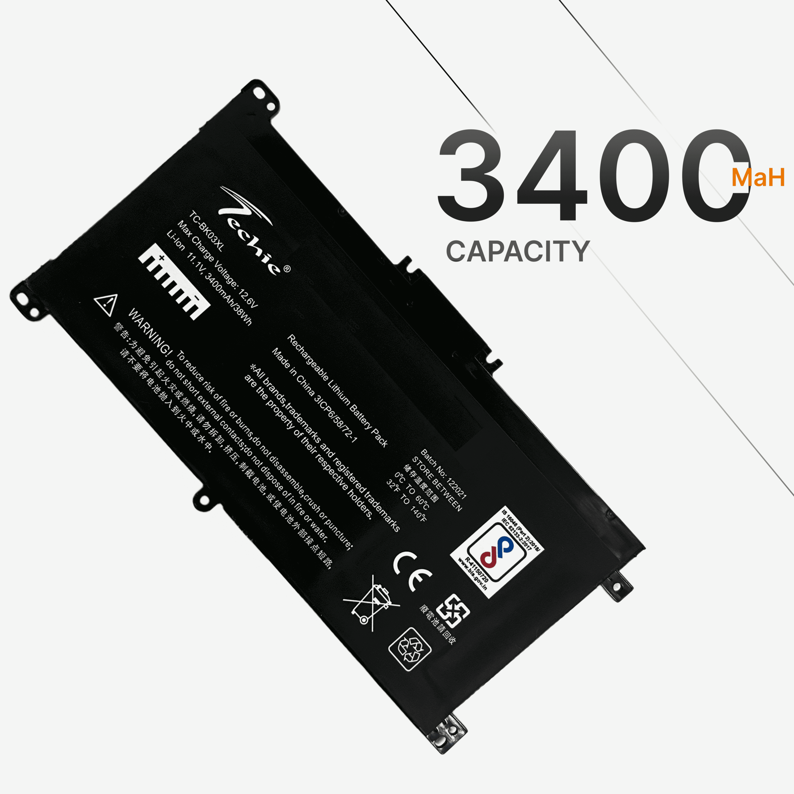 Techie Compatible Battery for HP BK03XL - HSTNN-LB7S, Pavilion X360 14-BA000NB Laptops (3400mAh, 3-Cell)