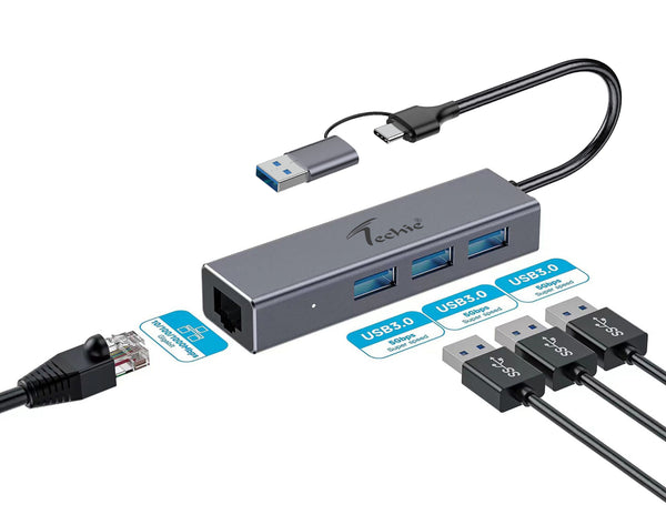 Enhance Your Device’s Connectivity with Techie 4-in-2 USB/Type-C Hub – 3 x USB 3.0 & 1 x Gigabit Ethernet