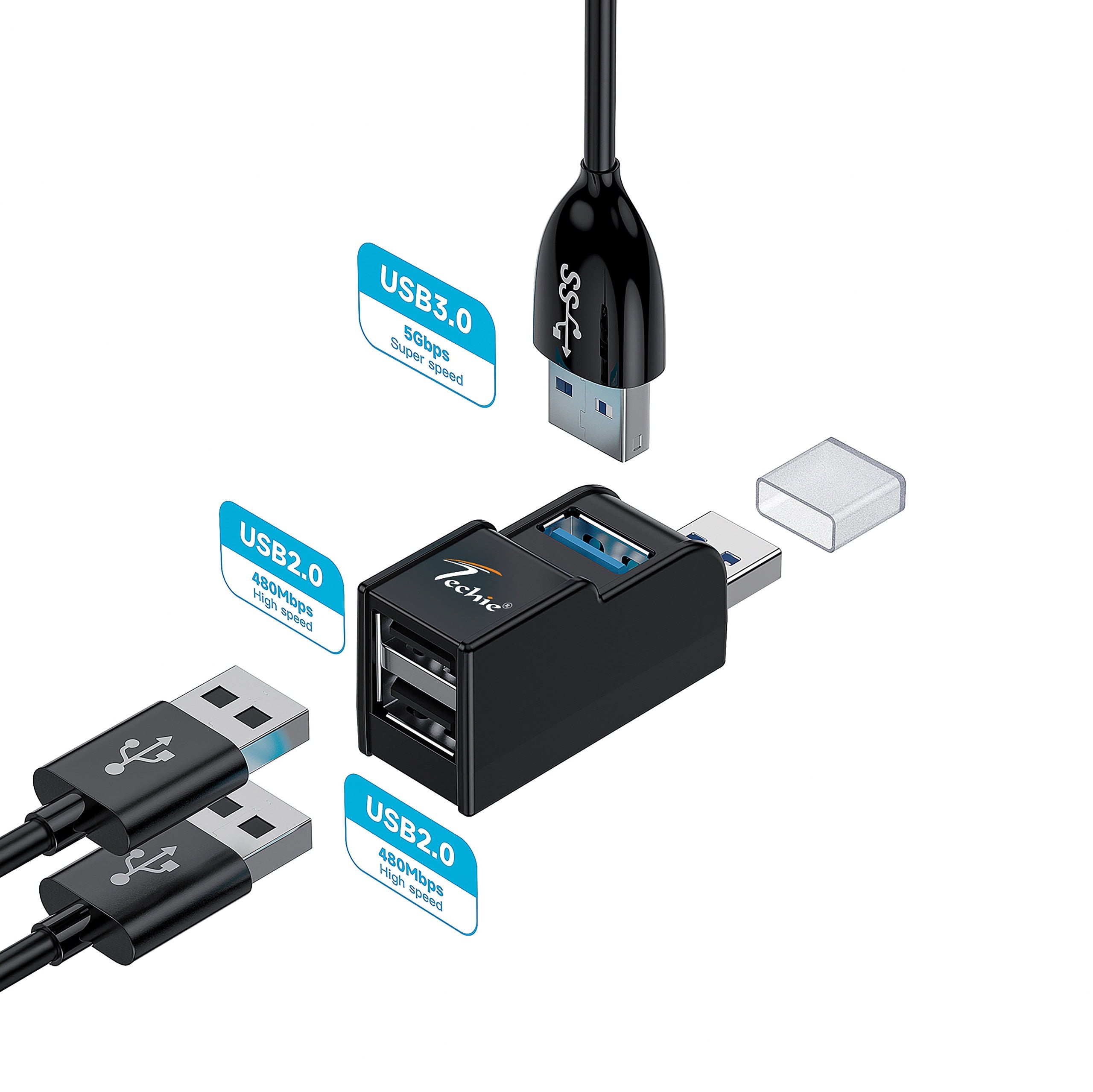Expand Your Connectivity with Techie 3-in-1 USB Hub – USB 3.0 & 2 x USB 2.0 Ports for Laptop, PC, Mac