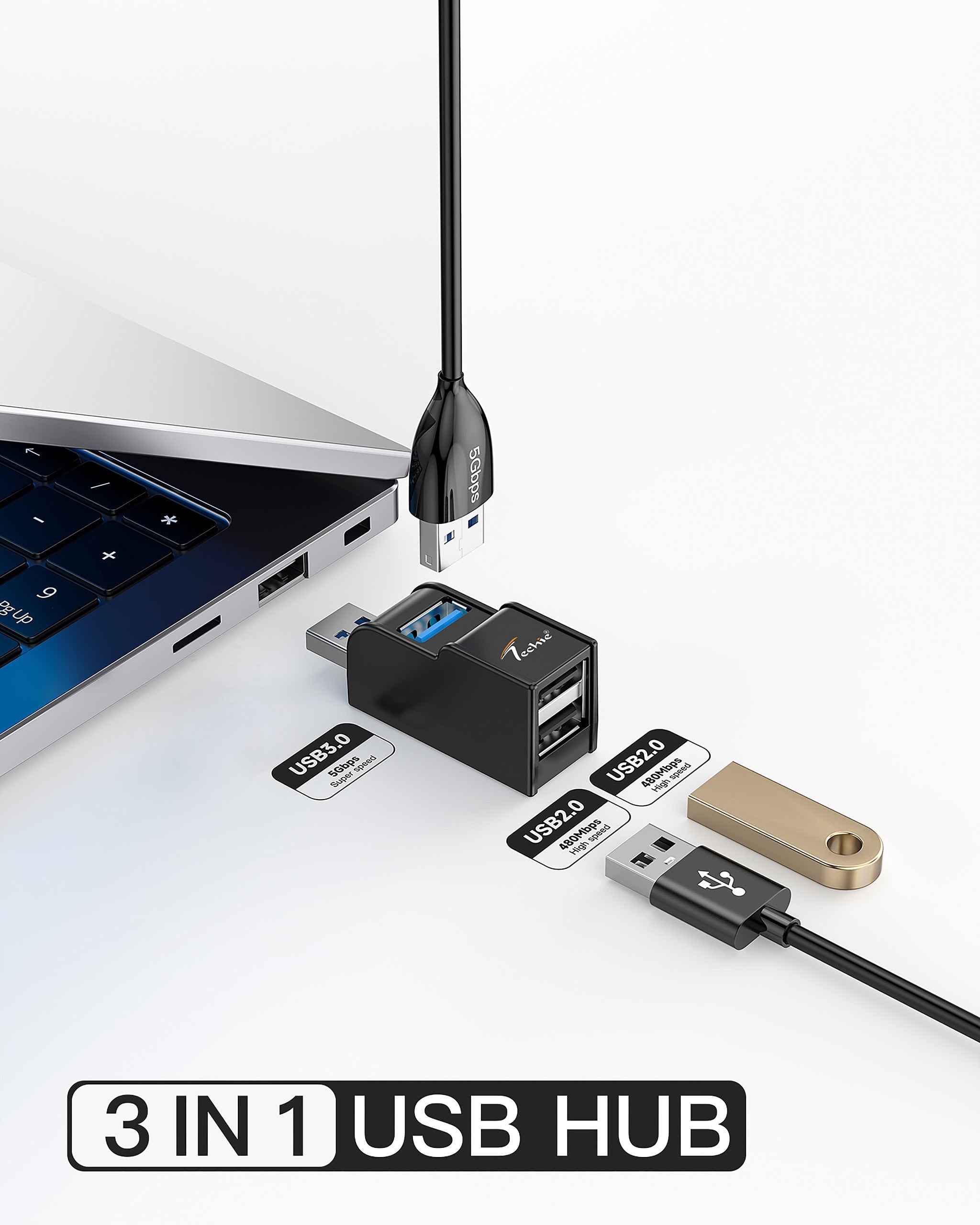 Expand Your Connectivity with Techie 3-in-1 USB Hub – USB 3.0 & 2 x USB 2.0 Ports for Laptop, PC, Mac