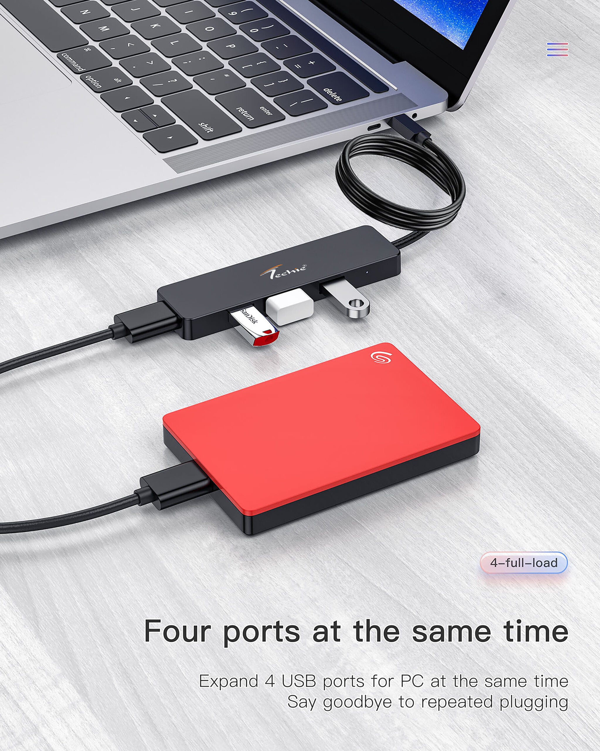 Maximize Connectivity with Techie USB/Type-C Hub – 4 x USB 3.0 Ports & 1M Cable for Laptop, PC, Mac