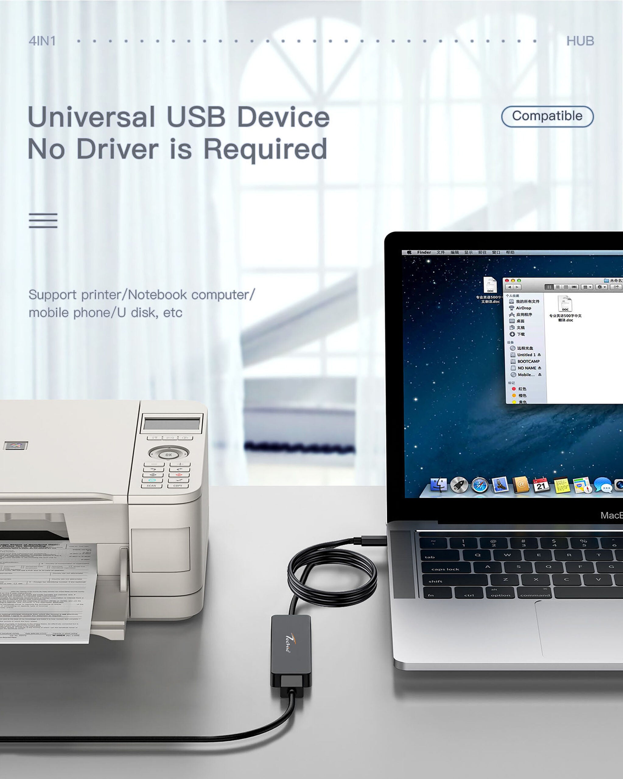 Maximize Connectivity with Techie USB/Type-C Hub – 4 x USB 3.0 Ports & 1M Cable for Laptop, PC, Mac