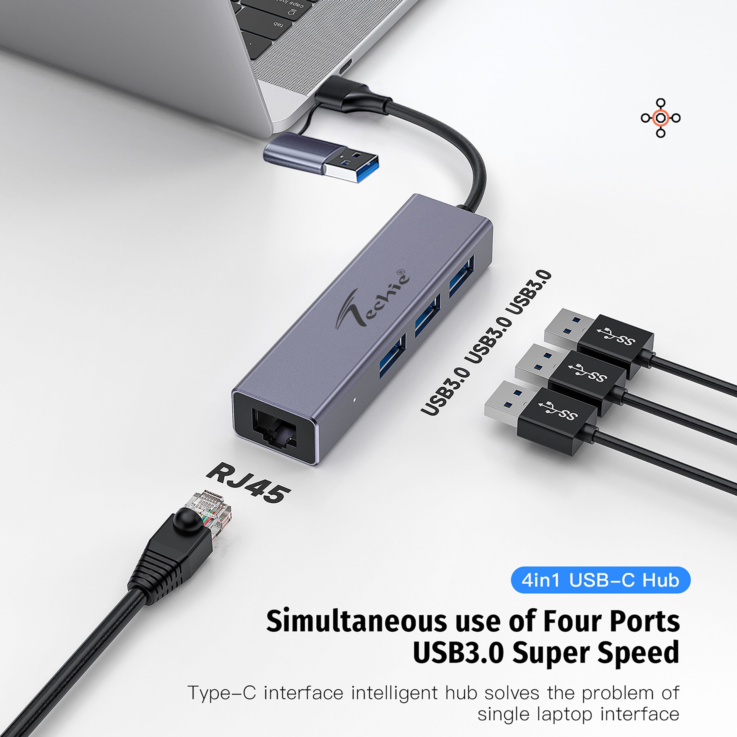Enhance Your Device’s Connectivity with Techie 4-in-2 USB/Type-C Hub – 3 x USB 3.0 & 1 x Gigabit Ethernet