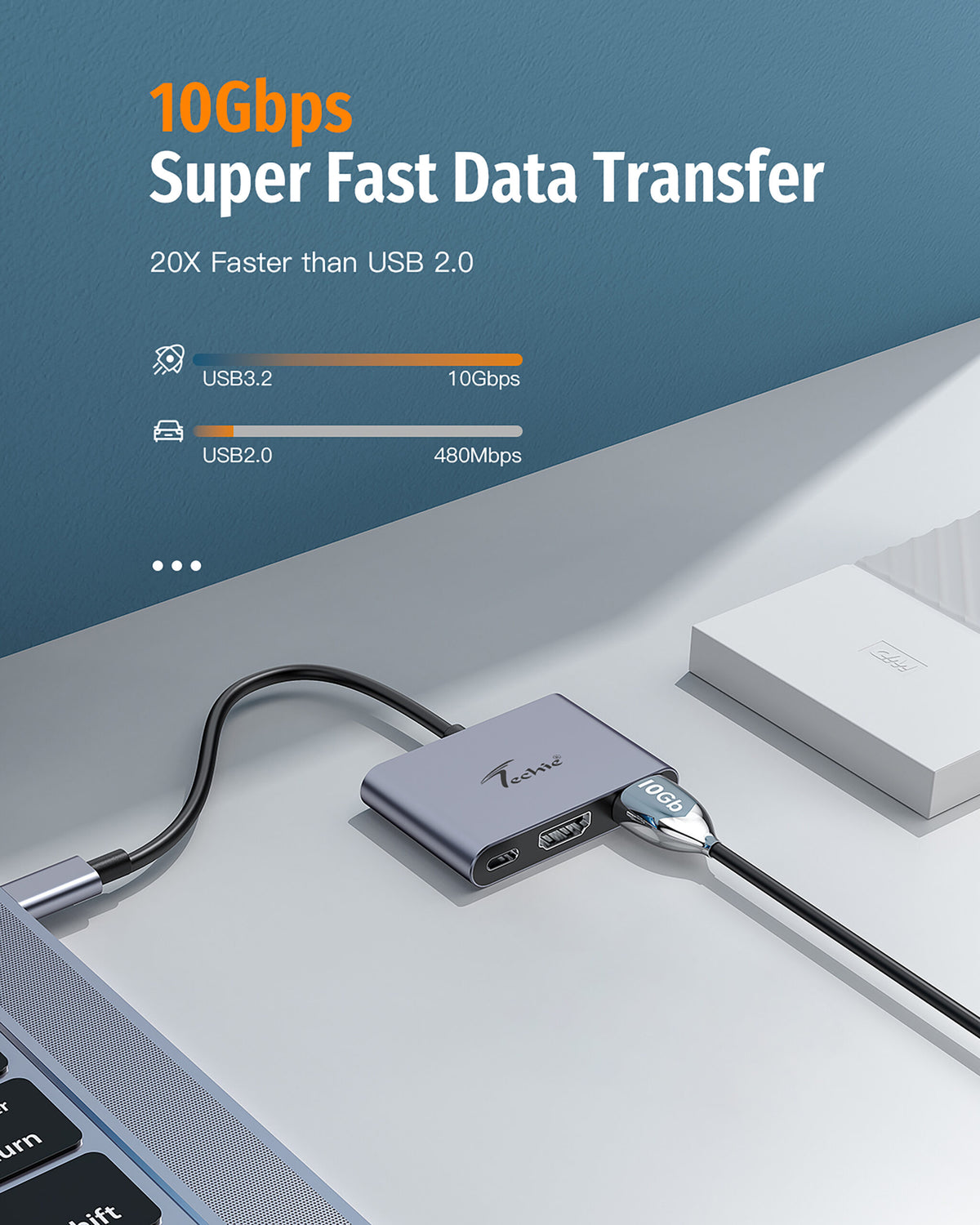 Techie TC Connect 3-in-1 Type C Hub: PD 100W Type-C, USB 3.2 (10Gbps), 4K@60Hz HDMI