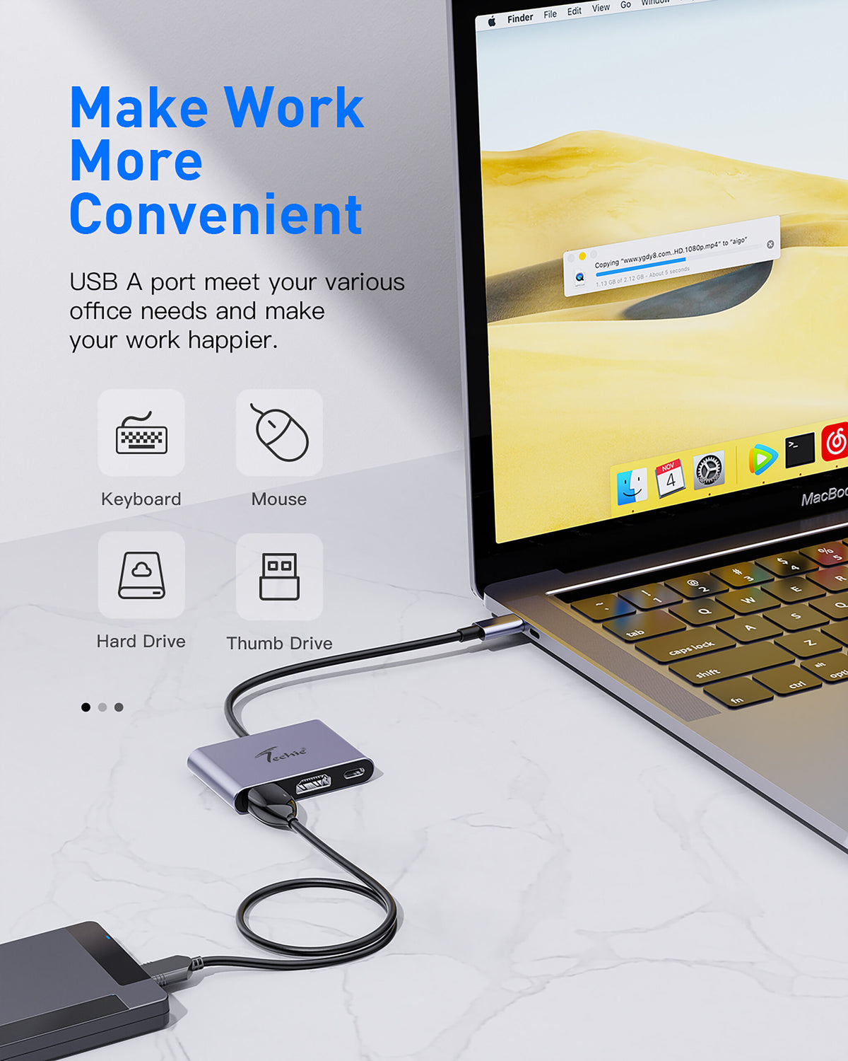 Techie TC Connect 3-in-1 Type C Hub: PD 100W Type-C, USB 3.2 (10Gbps), 4K@60Hz HDMI