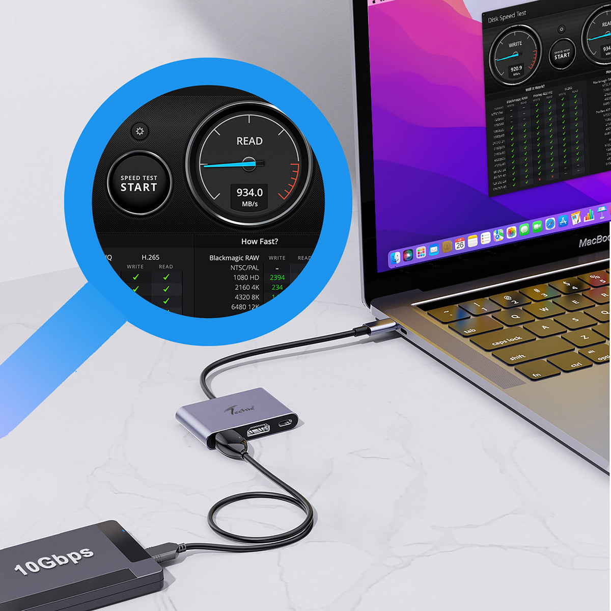Techie TC Connect 3-in-1 Type C Hub: PD 100W Type-C, USB 3.2 (10Gbps), 4K@60Hz HDMI