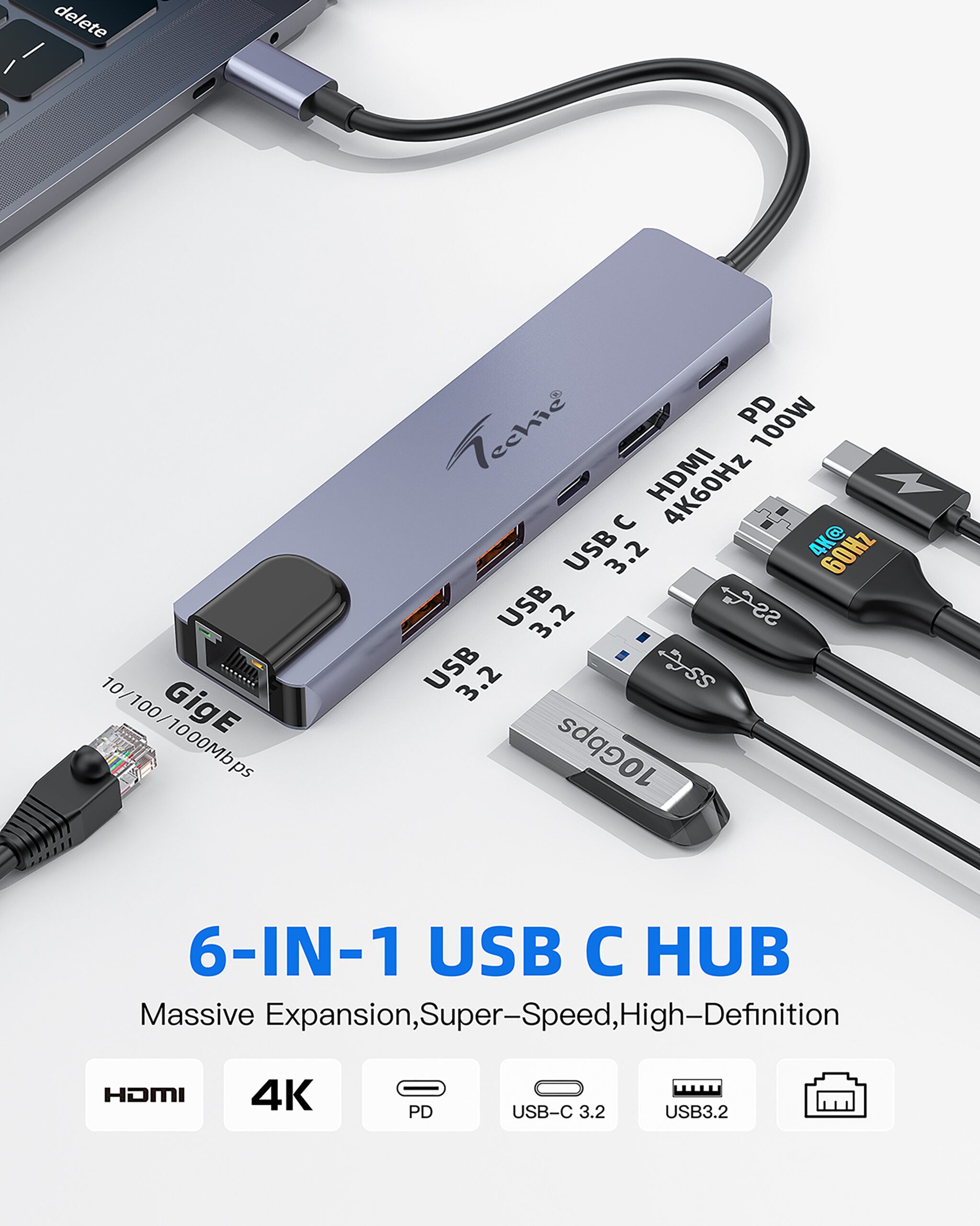 Techie TC Connect 6-in-1 Type-C Hub: HDMI 4K@60Hz, USB3.2, PD 100W, and Gigabit LAN