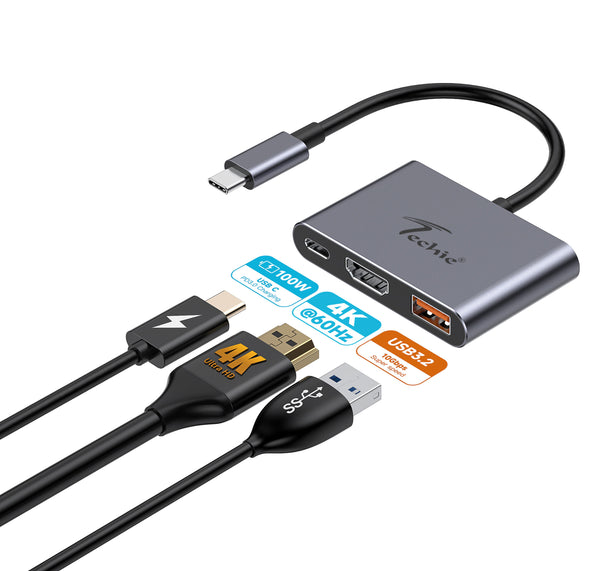 Techie TC Connect 3-in-1 Type C Hub: PD 100W Type-C, USB 3.2 (10Gbps), 4K@60Hz HDMI