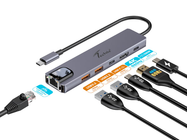 Techie TC Connect 6-in-1 Type-C Hub: HDMI 4K@60Hz, USB3.2, PD 100W, and Gigabit LAN