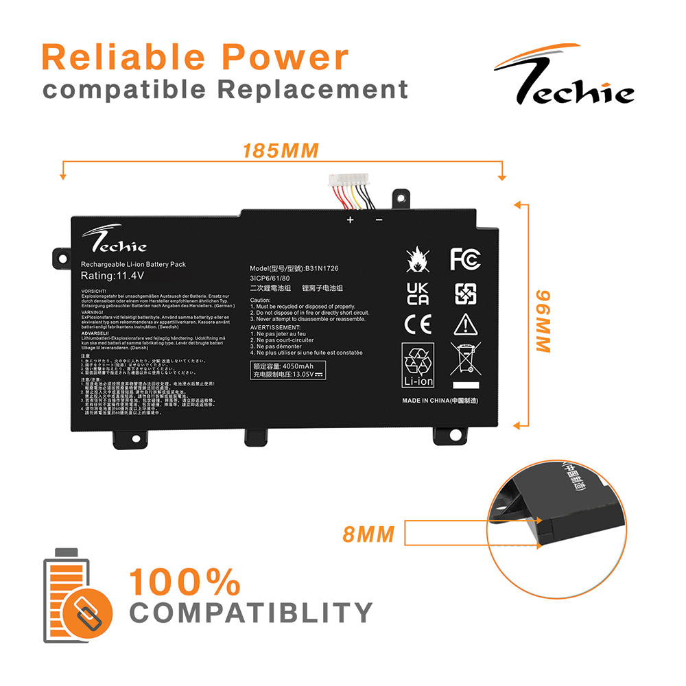 Techie Compatible Battery for Asus B31N1726 - FX80 FX86 TUF FX504 FX504GE FX504GM FX505 FA506 Laptops (3900 mAh, 3-Cell)