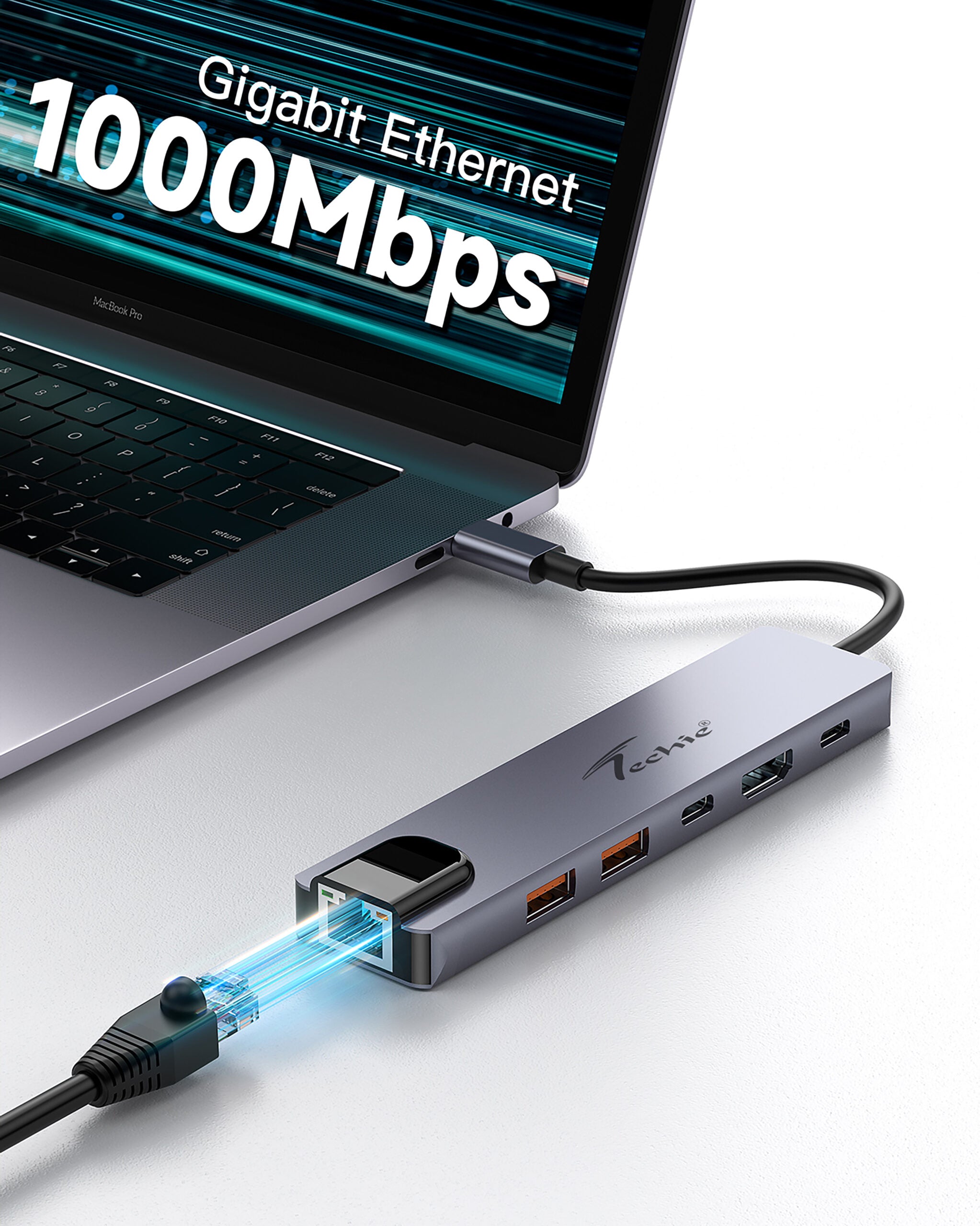 Techie TC Connect 6-in-1 Type-C Hub: HDMI 4K@60Hz, USB3.2, PD 100W, and Gigabit LAN