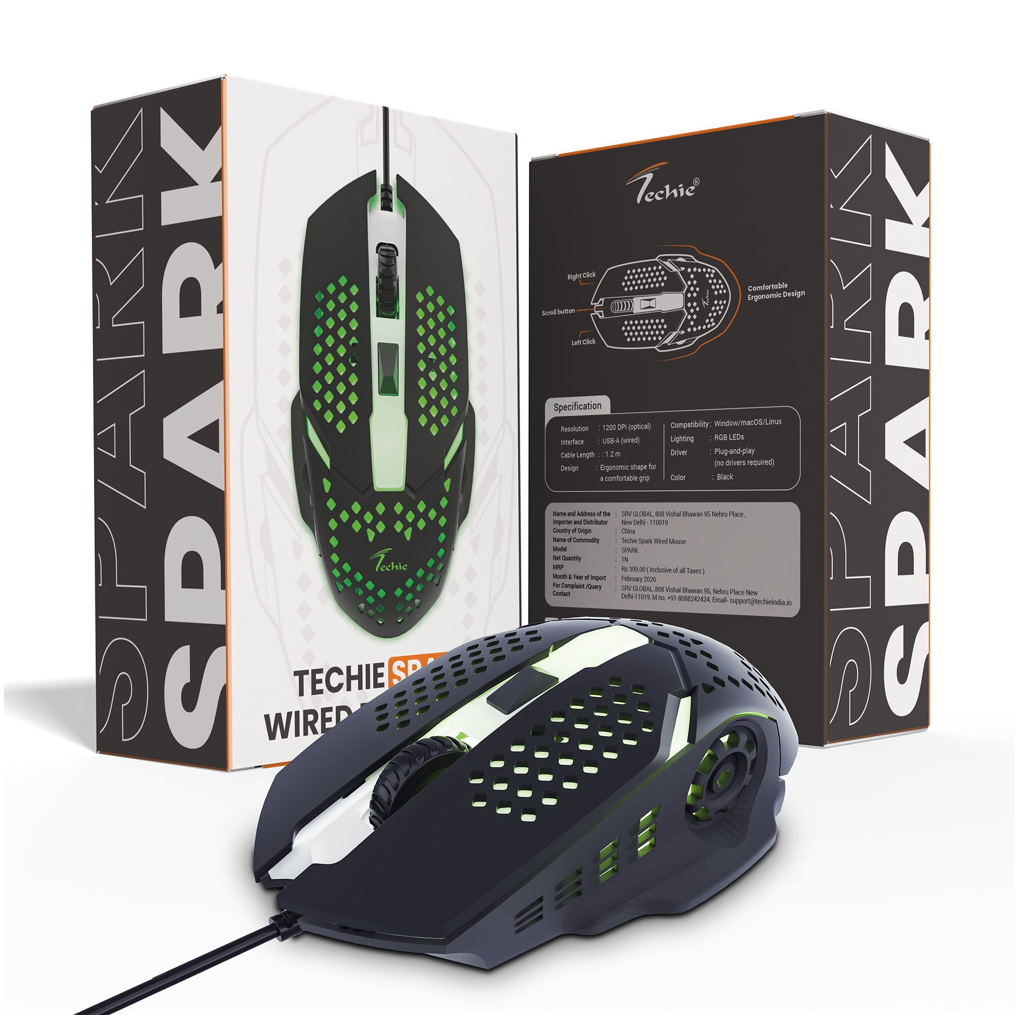 Techie Spark Wired RGB Mouse | Rainbow LED | Adjustable DPI 800–2400 | 4-Button Gaming Mouse