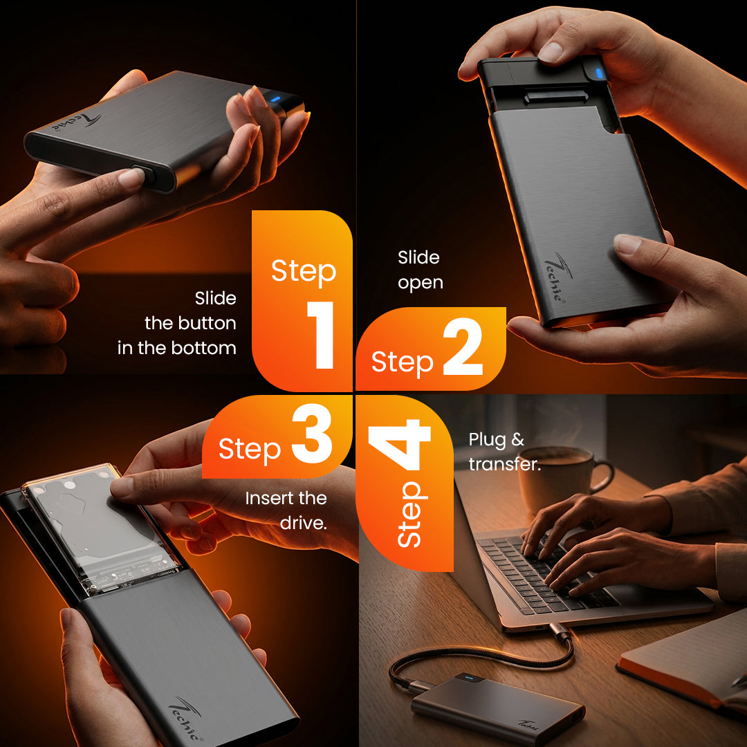 Techie 2.5" SATA HDD/SSD Aluminium Enclosure – USB 3.0 / USB-C, 5 Gbps, Tool-Free