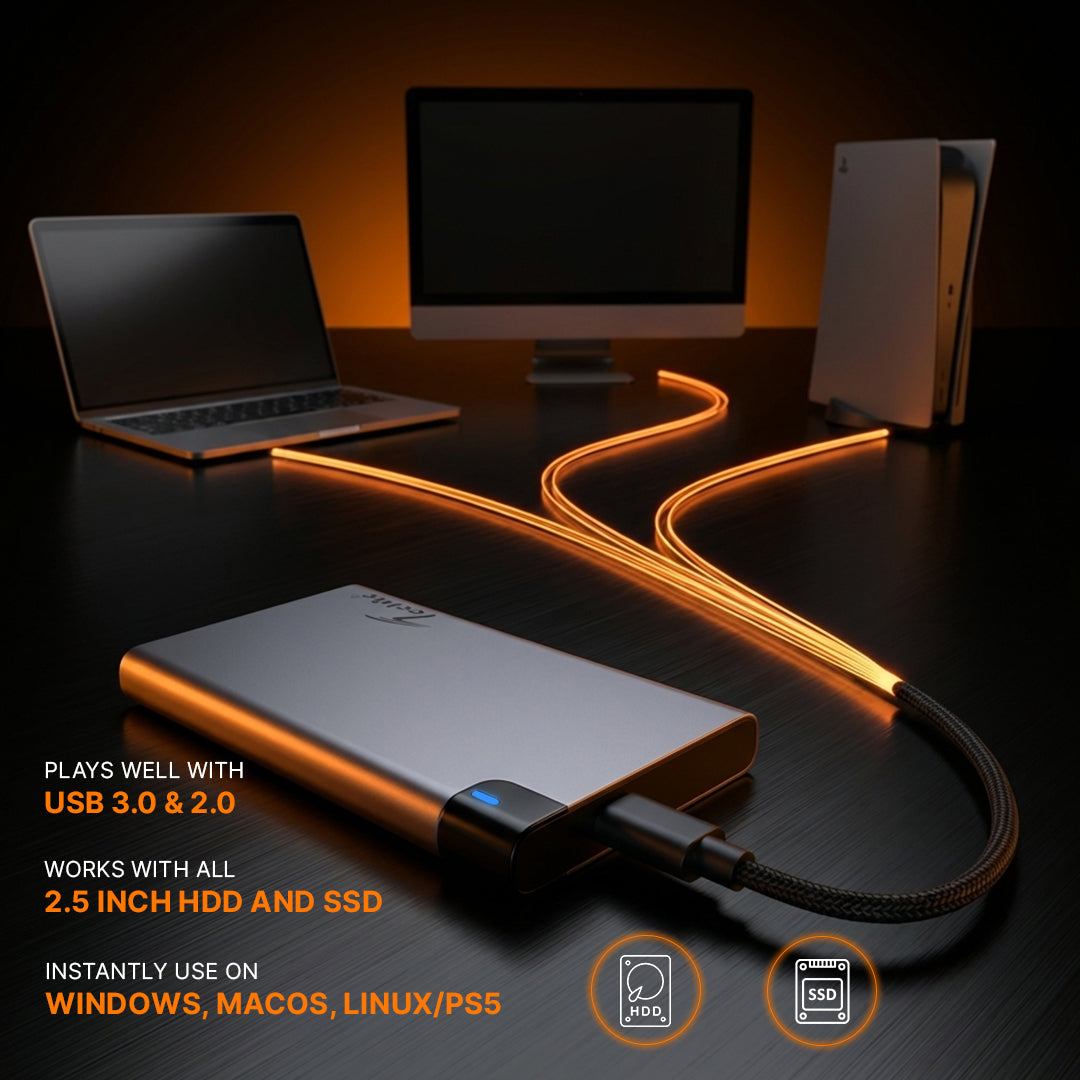 Techie 2.5" SATA HDD/SSD Aluminium Enclosure – USB 3.0 / USB-C, 5 Gbps, Tool-Free