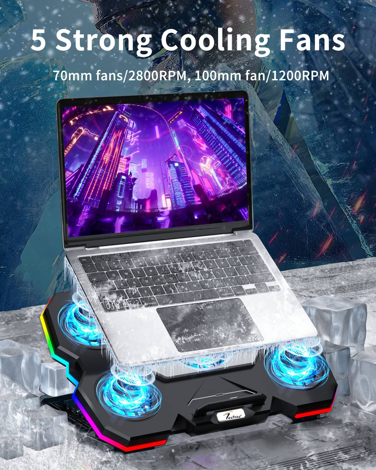 Techie ArcticFlow 5-Fan Laptop Cooling Pad with ChillPad and Touch RGB Controls.