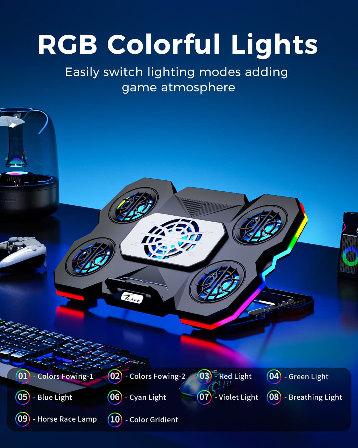 Techie ArcticFlow 5-Fan Laptop Cooling Pad with ChillPad and Touch RGB Controls.