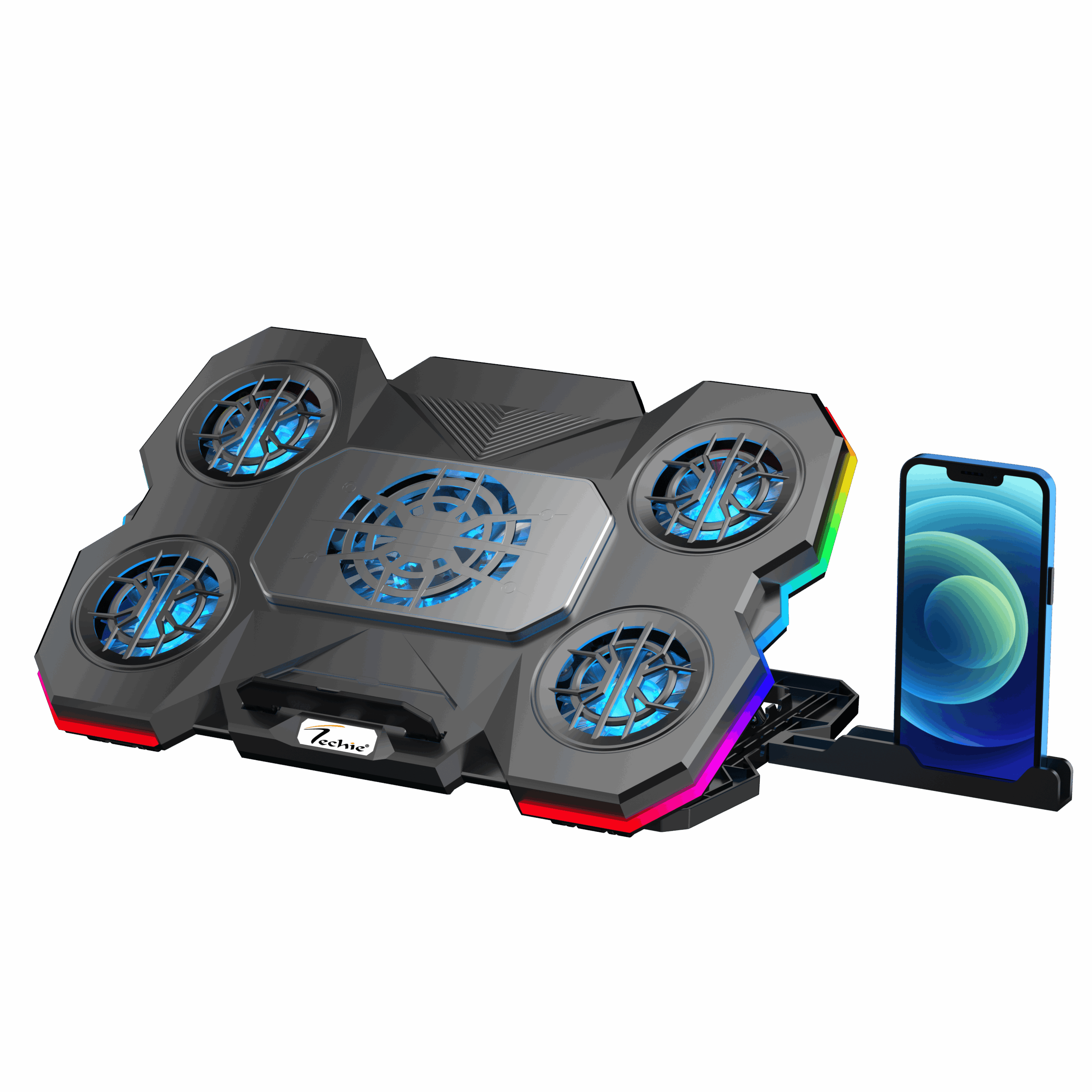 Techie ArcticFlow 5-Fan Laptop Cooling Pad with ChillPad and Touch RGB Controls.