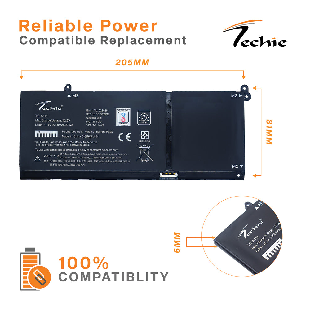 Techie Battery for Dell G91J0 – Dell Inspiron 14-5410, 15-3511, Latitude 3320, P112F001, Vostro 14-5410 Series Laptops (3300mAh, 3-Cell)