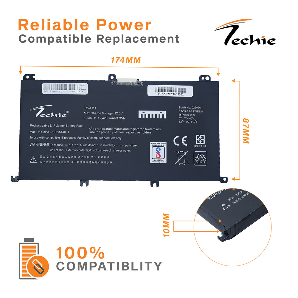 Techie Compatible Battery for Dell 357F9 - Inspiron 15 7566, 7567, 7557, 5576, 5577 Laptops (4200mAh, 6-Cell)