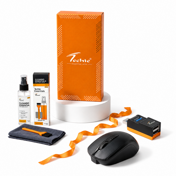 Techie Desk Essentials Kit – Breeze Wireless Mouse, 3-Port USB Hub & Cleaning Kit