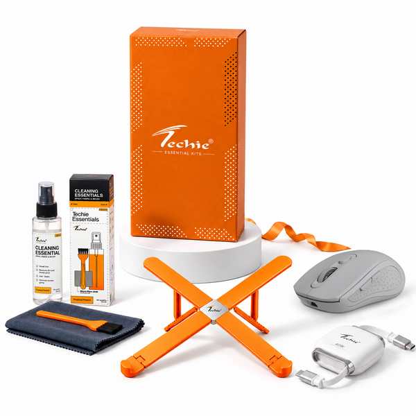 Techie Smart Work Kit – Stand X, Impulse Rechargeable Mouse, Retractable Type-C Cable & Cleaning Kit