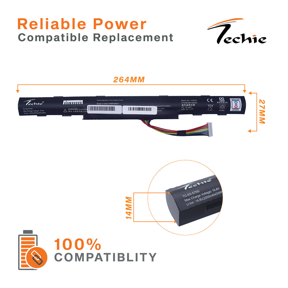 Techie Compatible Battery for Acer E5-575G - AS16A5K, AS16A7K, AS16A8K, Aspire E5-475, E5-523 series Laptops (2200mAh 4-Cell)