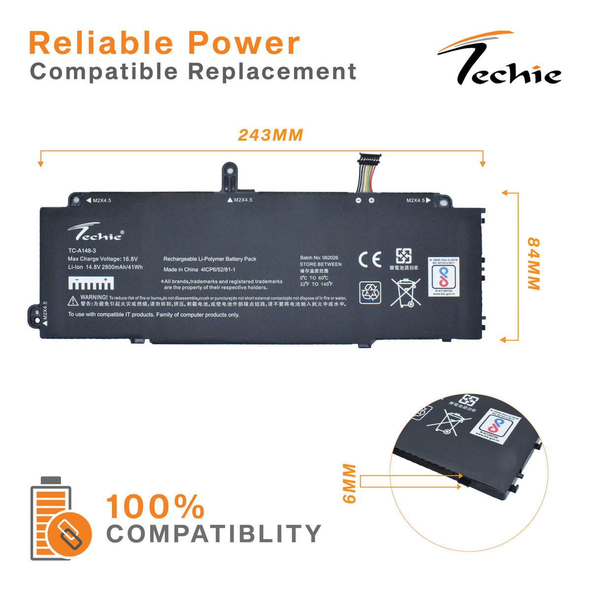 Techie Compatible Battery for Lenovo L22B4P70 – ThinkPad X13 Gen 4/Gen 5/ Yoga Gen 4 Series Laptops (2800mAh, 4-Cell)