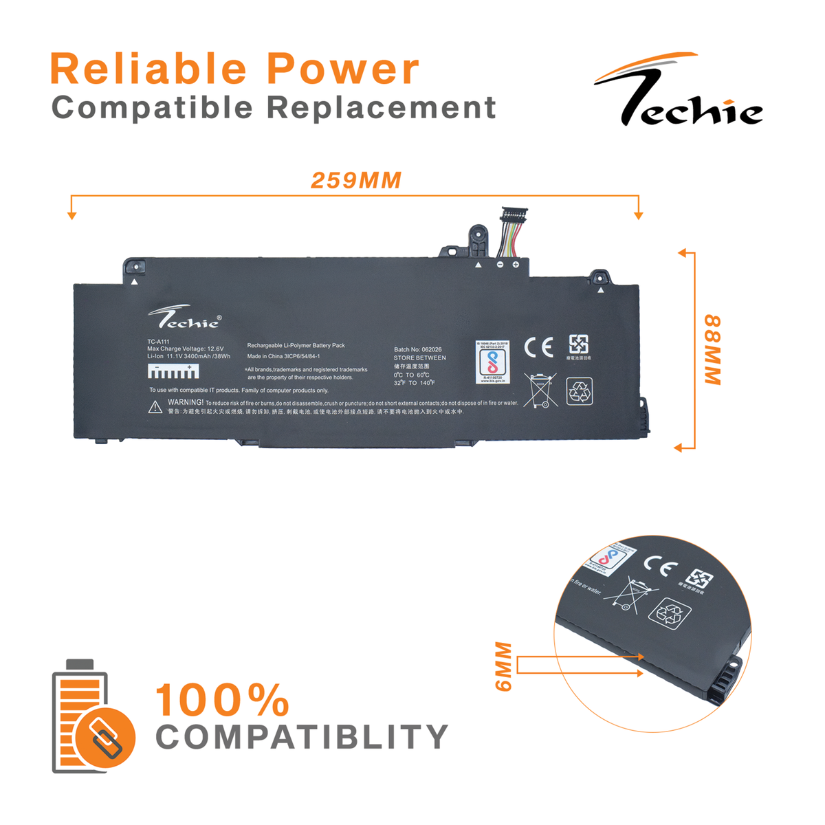 Techie Compatible Battery for Lenovo L23M3P75– ThinkPad T14s Gen 5/Gen 6 Series Laptops (3400mAh, 3-Cell)