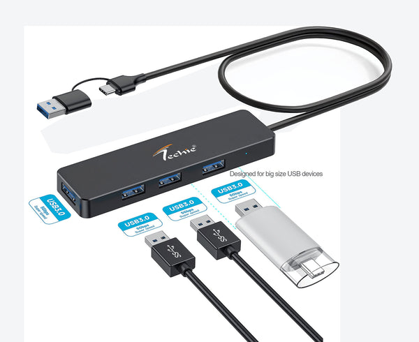Maximize Connectivity with Techie USB/Type-C Hub – 4 x USB 3.0 Ports & 1M Cable for Laptop, PC, Mac