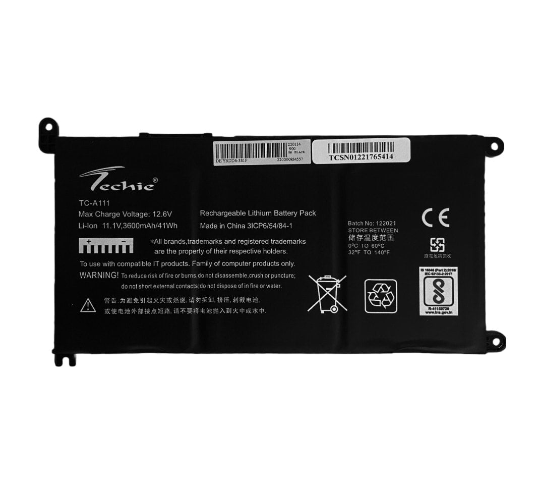 Techie Battery for Dell YRDD6 – Dell Inspiron 3502, 5481, 5482, 5585, 5493, 5580 Laptops (3600mAh, 3-Cell) Metal
