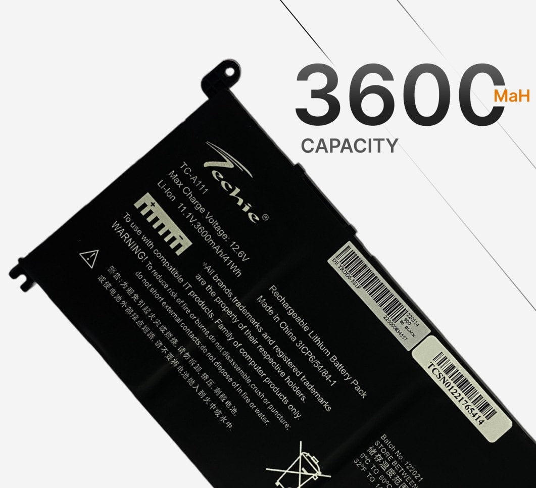 Techie Battery for Dell YRDD6 – Dell Inspiron 3502, 5481, 5482, 5585, 5493, 5580 Laptops (3600mAh, 3-Cell) Metal