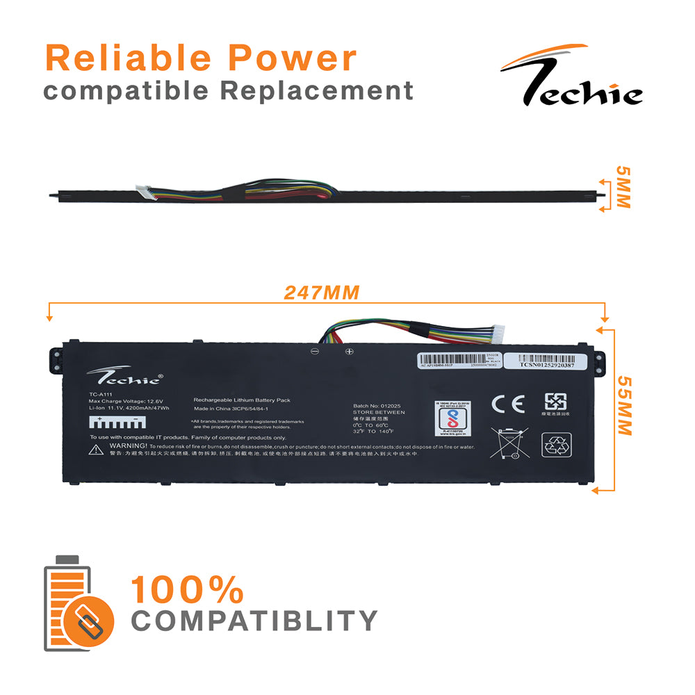 Techie Compatible Battery for Acer AP19B8M 3C – Chromebook CB317, Aspire 3 A315 & Chromebook CP514 Series Laptops (4200mAh, 3-Cell)