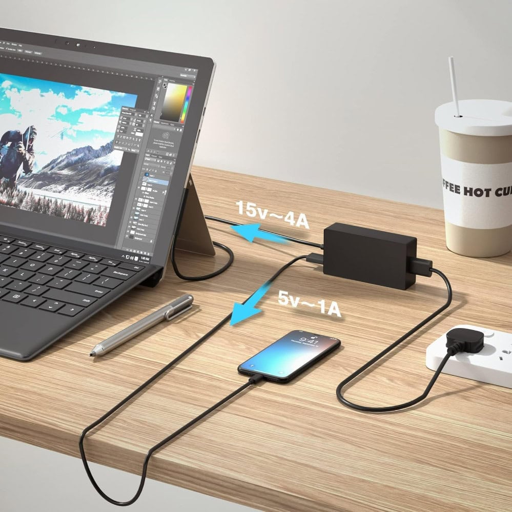 Techie Compatible Microsoft 65W Laptop Charger for Surface Pro 3/4/5/6/7/8/9/X, Surface Laptop 1/2/3 Surface Go 1/2 Surface Book 1/2, 15V, 4A, surface connector.