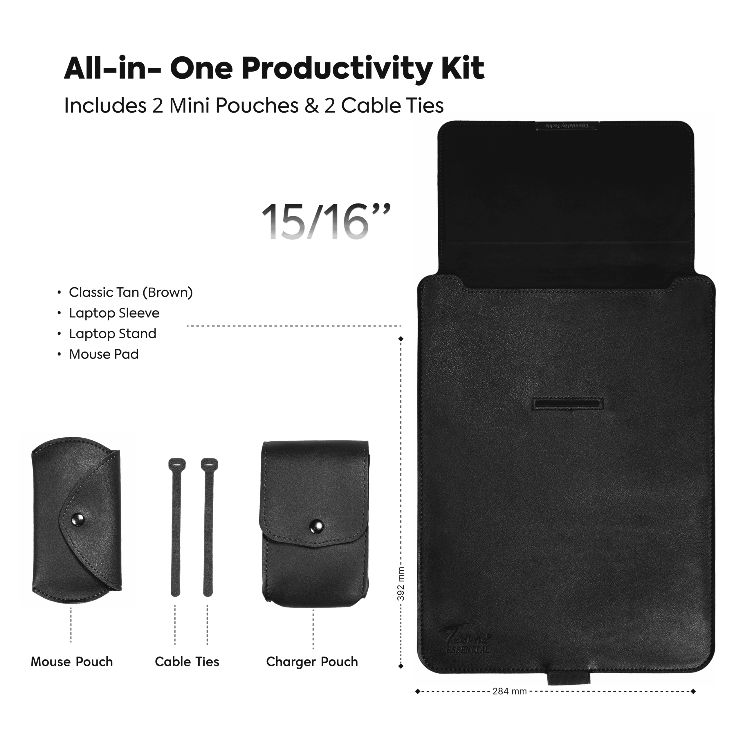 Techie 3-in-1 Multifunctional Laptop Sleeve with Stand & Mouse Pad - 15/16"