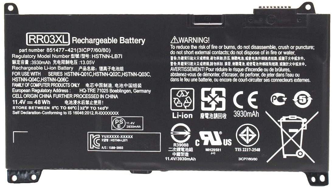 Techie compatible for HP RR03XL HSTNN-UB7C 851477-421 laptop battery.