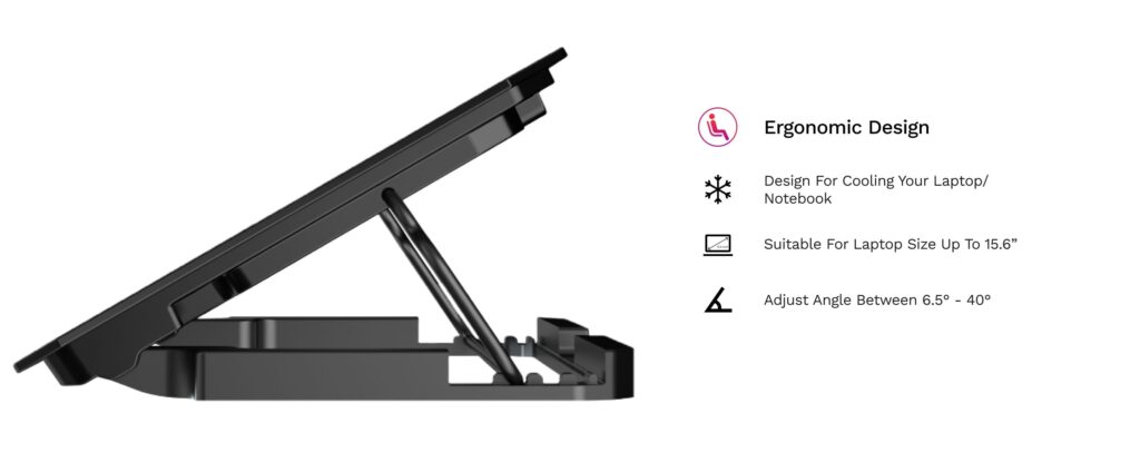 Techie High Quality Ergonomic Designed Laptop Stand for cooling your laptop and notebook. Suitable for laptop size upto 15.6 inch. Adjust angle between 6.5 deg to 40 deg