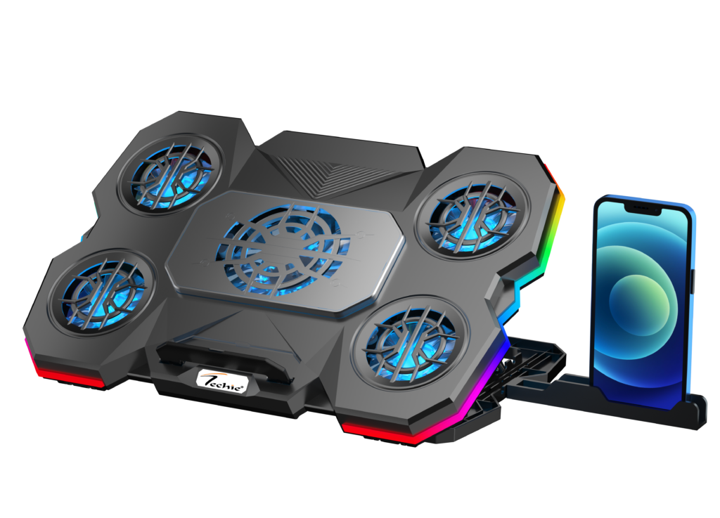 Techie ArcticFlow 5-Fan Laptop Cooling Pad with Semiconductor ChillPad and Touch RGB Controls.