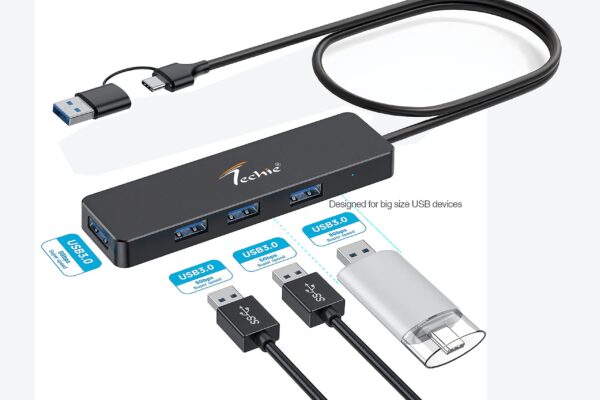 Maximize Connectivity with Techie USB/Type-C Hub – 4 x USB 3.0 Ports & 1M Cable for Laptop, PC, Mac